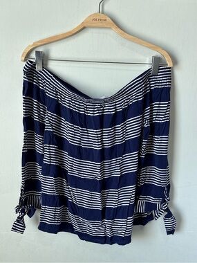 Reitmans Striped Off-the-Shoulder Long Sleeve Top | Navy & White | Size S